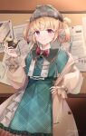  1girl absurdres blonde_hair bow bowtie brown_jacket deerstalker hair_rings hand_on_own_hip hat highres holding holding_smoking_pipe jacket newspaper nijisanji nijisanji_en open_clothes open_jacket pomu_rainpuff pomu_rainpuff_(4th_costume) raisinshx red_bow red_bowtie red_eyes smile smoking_pipe solo virtual_youtuber 