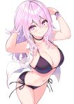  1girl armpits arms_up bare_arms bare_shoulders bikini black_bikini black_choker breasts choker cleavage closed_mouth cowboy_shot cu-no halterneck hand_in_own_hair highres hisen_kaede large_breasts long_hair looking_at_viewer navel open_clothes open_vest pink_eyes pink_hair side-tie_bikini_bottom simple_background smile solo standing stomach string_bikini swimsuit thighs vest white_background white_vest wing_collar yayoi_sakura 