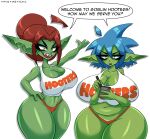  absurd_res big_breasts breast_size_difference breasts cleavage clothed clothing dialogue duo female goblin hand_on_hip hi_res hooters huge_breasts humanoid not_furry thick_thighs twistingtoxic 