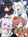  4girls ahoge animal_ear_fluff animal_ears black_hair blush braid brown_eyes brown_hair cat_ears cat_girl cat_tail commentary_request dog_ears dog_girl dog_tail fox_ears fox_girl fox_tail green_eyes hair_between_eyes halloween_bucket halloween_costume hololive hololive_gamers inugami_korone long_hair looking_at_viewer multicolored_hair multiple_girls nekomata_okayu one_eye_closed ookami_mio open_mouth pumpkin purple_eyes purple_hair rabiiandrain red_hair shirakami_fubuki sidelocks single_braid streaked_hair tail virtual_youtuber white_hair wolf_ears wolf_girl yellow_eyes 