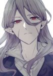  1boy absurdres black_vest bram_stoker_(bungou_stray_dogs) bungou_stray_dogs closed_mouth collared_shirt grey_hair highres long_hair looking_at_viewer male_focus pale_skin portrait r1kuuw red_eyes scar scar_on_cheek scar_on_face shirt simple_background slit_pupils solo vest white_background white_shirt 
