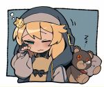  1girl androgyne_symbol black_gloves blonde_hair bridget_(guilty_gear) fingerless_gloves gloves green_eyes guilty_gear guilty_gear_strive itsuka_neru long_hair one_eye_closed pillow roger_(guilty_gear) rubbing_eyes solo stuffed_animal stuffed_toy teddy_bear zzz 