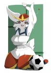  &lt;3 anthro biped blue_body border breasts cervikalova cinderace clothing female fur generation_8_pokemon hi_res kneeling nintendo open_mouth pokemon pokemon_(species) red_body simple_background solo wave white_body white_border white_fur 