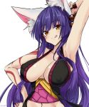  1girl :q animal_ear_fluff animal_ears arm_behind_head arm_up armpits bare_arms bare_shoulders blue_hair blunt_bangs body_markings breasts breasts_apart closed_mouth covered_nipples daji_(monster_strike) eyeliner facial_mark hair_ornament hand_on_own_hip highres impossible_clothes kurokage large_breasts light_blush long_hair looking_at_viewer makeup midriff monster_strike navel simple_background sketch sleeveless smile solo straight_hair tongue tongue_out white_background yellow_eyes 