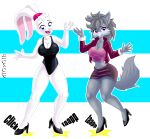  2022 5_fingers absurd_res anthro bare_legs black_clothing black_footwear black_heels black_leotard black_shoes blue_eyes bottomwear breasts buckteeth canid canine canis cheek_tuft cleavage closed_smile clothed clothing contact_onomatopoeia dance_shoes dancewear dancing diana_wolf_(fusiondragon180) dlovolb duo eyebrows facial_tuft female fingers footwear fur glistening glistening_clothing glistening_footwear glistening_high_heels glistening_shoes grey_body grey_fur grey_hair hair hi_res high_heels impact_emanata impact_onomatopoeia jacket lagomorph leotard leporid mammal mouth_closed onomatopoeia open_mouth open_smile pink_clothing pink_crop_top pink_jacket pink_topwear plantigrade ponytail_ears purple_bottomwear purple_clothing purple_skirt rabbit raised_heel scrunchie shoes skirt smile sound_effects tail tap_dancing tap_shoes teeth text topwear tuft white_body white_fur wolf zoey_bunny_(fusiondragon180) 