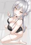  1girl bare_shoulders barefoot black_camisole black_panties blush breasts camisole cleavage collarbone grey_hair highres kfr large_breasts long_hair looking_at_viewer maid_headdress open_mouth original panties sidelocks sitting solo underwear wariza yellow_eyes 