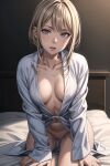  ai-generated bed_sheet blonde_hair breasts grey_eyes highres leaning_forward medium_breasts non-web_source on_bed pussy shirt short_hair white_shirt 