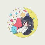  1girl ashley_(warioware) barefoot black_hair chibi dot_mouth food highres holding holding_stuffed_toy kyoro_ai00 long_hair meat nightgown no_nose on_crescent planet red_eyes solo star_(symbol) stuffed_animal stuffed_rabbit stuffed_toy very_long_hair warioware white_nightgown 