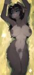  anthro big_breasts black_hair blue_eyes bovid breasts caprine crotch_tuft ear_piercing female fur genitals goat grey_body grey_fur hair hi_res horizontal_pupils horn horn_jewelry jewelry lying mammal nipples nude on_back piercing pubes pupils pussy smile solo tuft yoako 