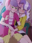  2girls blush diamond_tiara green_eyes headband highres jacket jewelry multiple_girls my_little_pony my_little_pony:_equestria_girls my_little_pony:_friendship_is_magic necklace open_clothes open_jacket rockset skirt sweetie_belle yellow_skirt yuri 