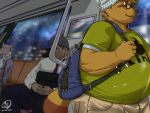  2023 4:3 anthro belly big_belly bottomwear brown_body canid canine clothing eyewear glasses group hat headgear headwear hi_res inside kemono kounosuke_(morenatsu) male mammal mesidukainumaru morenatsu necktie night overweight overweight_male pants raccoon_dog shirt sitting tanuki topwear 