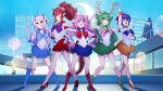  1boy 5girls absurdres ahoge animal_ears antlers bishoujo_senshi_sailor_moon blue_eyes bubi_(ironmouse) building choker circlet dasdokter dragon_girl dragon_horns dragon_tail elbow_gloves full_body gloves green_eyes green_hair grey_hair hair_between_eyes haruka_karibu henya_the_genius heterochromia high_heels highres horns ironmouse long_hair looking_at_viewer melody_(projektmelody) miniskirt multiple_girls open_mouth outdoors pink_eyes pink_hair pointy_ears ponytail purple_eyes purple_hair red_hair second-party_source skirt smile standing tail teeth tongue twintails vshojo yellow_eyes zentreya_(vtuber)_(dragon) 