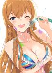  1girl bikini blue_eyes braid breasts brown_hair cleavage collarbone highres holding holding_hose hose idolmaster idolmaster_million_live! kousaka_umi large_breasts long_hair looking_at_viewer multicolored_bikini multicolored_clothes open_mouth simple_background smile solo swimsuit tetsujin_momoko twin_braids upper_body water white_background 