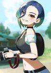  1girl absurdres backpack bag belt black_bag black_belt blue_hair blurry blurry_background blush brown_eyes camera commentary_request day eyelashes from_side grin hair_between_eyes highres holding holding_camera looking_to_the_side multicolored_hair navel nemoto_yuuma off-shoulder_shirt off_shoulder outdoors pants perrin_(pokemon) pokemon pokemon_(game) pokemon_sv shirt sky sleeveless smile solo teeth vest 