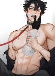  1boy abs animal_ears bare_pectorals bare_shoulders belt belt_buckle black_gloves black_hair black_shirt blush buckle collar ear_piercing earrings fang genshin_impact gloves grey_eyes hair_between_eyes highres jewelry leash looking_to_the_side male_focus muscular muscular_male navel nipples nokkusuart open_clothes open_mouth parted_bangs pectorals piercing saliva scar scar_on_arm scar_on_face scar_on_stomach shirt short_hair sitting solo stud_earrings teeth toned toned_male upper_body white_background wriothesley_(genshin_impact) 