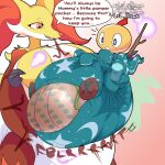  ambiguous_gender anthro big_breasts breasts bursting_out_of_clothing caretaker chocomintshake clothing delphox dialogue diaper duo fart feces female female/ambiguous generation_5_pokemon generation_6_pokemon hi_res huge_breasts hyper_soiling implied_hypnosis infantilism level_drain magic nintendo onesie onomatopoeia pokemon pokemon_(species) regression scraggy sleeper soiling sound_effects speech_bubble stained_diaper stink_lines text 