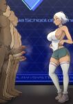  1girl 4boys absurdres aqua_eyes breasts censored clothed_female_nude_male commentary_request covered_navel dark-skinned_female dark-skinned_male dark_skin erection faceless faceless_male green_shorts grey_hair gundam gundam_suisei_no_majo hair_tuft halter_leotard halterneck hetero highres huge_breasts iwao178 leotard leotard_pull looking_at_another male_pubic_hair mosaic_censoring multiple_boys multiple_penises nude penis pubic_hair pulled_by_self secelia_dote short_hair short_shorts shorts sideboob smile standing thighhighs white_leotard white_thighhighs 