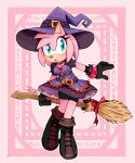  1girl alternate_costume amy_rose artist_name belt black_belt black_gloves boots broom danielasdoodles-art full_body gloves hat highres holding holding_broom open_mouth patterned_background pink_background signature solo sonic_(series) watermark witch_hat 