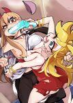  2girls absurdres ass black_pantyhose blonde_hair blue_eyes bongfill bracelet breast_padding breast_press breasts chainsaw_man commentary crossover demon_girl demon_horns dress fighting grabbing_another&#039;s_hair gun gun_in_mouth highres holding holding_gun holding_weapon horns jewelry large_breasts multiple_girls necktie on_toilet one_eye_closed open_mouth orange_eyes panty_&amp;_stocking_with_garterbelt panty_(psg) pantyhose power_(chainsaw_man) red_dress red_horns sharp_teeth shirt small_breasts symbol-only_commentary symbol-shaped_pupils teeth torn_clothes weapon white_shirt 