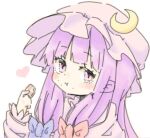 1girl :t blue_bow blunt_bangs blush bow crescent crescent_hat_ornament dress food food_on_face hair_bow hand_up hat_ornament heart kimi_(artist) long_hair long_sleeves looking_at_viewer patchouli_knowledge pink_dress pink_headwear purple_eyes purple_hair red_bow solo touhou upper_body 