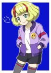 1girl aqua_eyes badge beyblade beyblade:_burst black_shorts blonde_hair blue_background border bright_pupils closed_mouth commentary_request cowboy_shot eyebrows_hidden_by_hair flat_chest grey_thighhighs hands_in_pockets heart ichika_kindo jacket long_sleeves looking_at_viewer multicolored_hair onomekaman outline purple_jacket red_hair shirt short_eyebrows shorts simple_background smile solo standing streaked_hair thick_eyebrows thighhighs two-tone_hair white_border white_outline white_shirt 