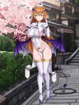  1girl architecture breast_curtains breasts chain_paradox character_request cherry_blossoms clothes_between_thighs clothing_cutout cocytus_(wind_master) commentary_request covered_navel cross day demon_horns demon_tail demon_wings east_asian_architecture elbow_gloves falling_petals full_body gloves green_eyes groin habit hair_ornament hairclip high_heels highres horns large_breasts long_hair low_wings no_bra no_panties orange_hair outdoors pavement pelvic_curtain petals pout revealing_clothes shiny_skin sideboob solo standing tail thighhighs thighs very_long_hair wings 