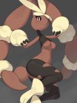  2023 anthro biped black_sclera blush breasts brown_body brown_fur butt cotton_tail digital_media_(artwork) female fur grey_background hi_res kame_3 looking_at_viewer mega_evolution mega_lopunny nintendo nipples pink_eyes pink_nose pokemon pokemon_(species) simple_background smile smiling_at_viewer solo white_body white_fur 