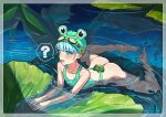  1boy ? aqua_eyes aqua_one-piece_swimsuit ass bare_back blue_hair frog goggles goggles_on_head horizontal_pupils lily_pad lying male_focus mubo one-piece_swimsuit open_mouth original otoko_no_ko speech_bubble spread_legs swim_cap swim_goggles swimsuit water wetland 