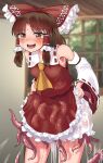  1girl ascot bad_id bad_pixiv_id bare_shoulders bloomers blush bow breasts brown_eyes brown_hair detached_sleeves frilled_hair_tubes frills gunnjou_yosio hair_tubes hakurei_reimu highres indoors looking_at_viewer nontraditional_miko open_mouth red_bow small_breasts suggestive_fluid sweat teeth tentacles tentacles_under_clothes touhou underwear window yellow_ascot 