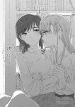  2girls blush bookshelf closed_mouth collared_shirt commentary_request earrings grabbing_another&#039;s_hand greyscale hiding highres hug jewelry long_hair medium_hair monochrome multiple_girls muromaki original parted_lips shirt sleeves_past_elbows sweatdrop translation_request yuri 
