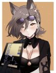  1girl absurdres ambience_synesthesia animal_ears arknights breasts cleavage dr.lamina eyewear_on_head highres jewelry mole_above_eye penance_(arknights) pendant pov pov_hands sunglasses ticket wolf_ears yellow_eyes 