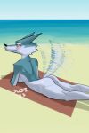  2:3 anthro arctic_wolf arm_support bare_shoulders beach blue_body blue_fur blush breasts butt canid canine canis cheek_tuft clear_sky dudles eyebrows eyelashes facial_tuft female fur illumination_entertainment leaning_on_elbow looking_at_viewer lying mammal multicolored_body multicolored_fur nude on_front porsha_crystal red_towel seaside sing_(movie) sky solo tail tail_motion tailwag towel tuft water white_body white_fur wolf yellow_eyes 