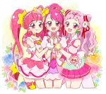  3girls :d ahoge bow choker clover_earrings commentary_request cone_hair_bun cure_grace cure_star cure_yell dress earrings flower four-leaf_clover_earrings hair_bun hair_flower hair_ornament hair_ribbon hanadera_nodoka healin&#039;_good_precure heart heart_hair_ornament heart_pouch hoppetoonaka3 hoshina_hikaru hugtto!_precure jewelry layered_skirt leaf_earrings long_hair looking_at_viewer magical_girl multiple_girls nono_hana open_mouth pink_choker pink_dress pink_eyes pink_hair pink_skirt pom_pom_(cheerleading) precure puffy_sleeves ribbon short_bangs short_sleeves single_thighhigh skirt smile star_(symbol) star_hair_ornament star_twinkle_precure thick_eyelashes thighhighs twintails 