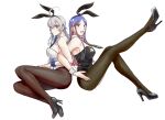  2girls ahoge animal_ears back-to-back black_footwear black_leotard black_pantyhose blue_hair breasts bunny_day detached_collar full_body grey_eyes grey_hair high_heels highres kantai_collection large_breasts leotard long_hair multicolored_hair multiple_girls nidou pantyhose playboy_bunny rabbit_ears rabbit_tail red_hair simple_background south_dakota_(kancolle) star_(symbol) tail washington_(kancolle) white_background white_hair white_leotard wrist_cuffs 