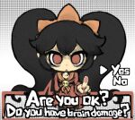  1girl arm_behind_back ashley_(warioware) big_hair black_hair choice commentary dialogue_box dress english_text hairband inawon long_hair long_sleeves looking_at_viewer lowres pointing pointing_at_viewer red_dress red_eyes scarf solo symbol-only_commentary twintails warioware white_background 
