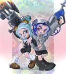  2girls absurdres animal_ears arm_up black_footwear black_shirt black_shorts blue_eyes blue_hair brown_footwear dress_shoes e-liter_4k_(splatoon) eyebrow_cut eyelashes fake_animal_ears fang grey_sweater highres holding holding_weapon humanlynn locked_arms long_sleeves loose_socks multiple_girls octoling octoling_girl pointy_ears range_blaster_(splatoon) red_eyes shirt shoes shorts sneakers socks splatoon_(series) splatoon_3 sweater wavy_hair weapon white_socks 