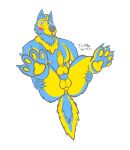  animal_genitalia animal_penis anthro anus balls blue_and_yellow blue_body blue_fur blush butt canid canine canine_genitalia canine_penis canis claws digitigrade_heels digitigrade_paws erection facial_hair finger_claws fur genitals goatee hair hi_res holding_both_legs inner_ear_fluff looking_at_viewer lying male mammal neckfluff nude on_back pawpads penis presenting presenting_anus presenting_hindquarters sheath simple_background smile solo suggestive_pose tail toe_claws tuft turbo_(turbo_arts) turbo_arts wolf yellow_body yellow_fur 
