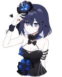  alternate_form bare_shoulders black_bow black_dress black_footwear blue_eyes blue_hair bow breasts cleavage closed_mouth colored_inner_hair dress flower hair_between_eyes hair_flower hair_ornament highres honkai_(series) honkai_impact_3rd korean_commentary light_blush lix_(iroiro3843) medium_breasts multicolored_hair official_alternate_costume red_eyeliner seele_vollerei seele_vollerei_(herrscher_of_rebirth) short_hair simple_background sweatdrop upper_body white_background 