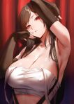  1girl absurdres bare_shoulders blush breasts brown_hair cleavage collarbone final_fantasy final_fantasy_vii highres large_breasts long_hair looking_at_viewer navel red_eyes rororo solo tank_top tifa_lockhart white_tank_top 