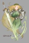  1girl armor blonde_hair breasts dress elf flower_wreath gauntlets greatsword green_dress highres holding holding_weapon large_breasts long_hair n9+ original pointy_ears purple_eyes shoulder_armor simple_background smile spirit twitter_username very_long_hair weapon 