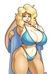  2023 anthro bathrobe bedroom_eyes big_breasts big_ears blazbaros blonde_hair blue_bra blue_clothing blue_eyes blue_panties blue_underwear bra breasts brown_body brown_fur cleavage clothed clothing collarbone curvy_figure eyebrows eyelashes female floppy_ears fur hair hi_res huge_breasts lagomorph leporid long_ears looking_at_viewer mammal narrowed_eyes navel panties rabbit robe seductive short_hair solo tan_body tan_fur underwear wide_hips 