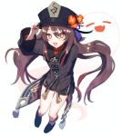  1girl :d absurdres adjusting_clothes adjusting_headwear bead_bracelet beads black_headwear black_nails black_shorts blush boo_tao_(genshin_impact) bracelet bright_pupils brown_coat brown_hair coat coattails flower flower-shaped_pupils full_body genshin_impact ghost hair_between_eyes hat hat_flower hat_tassel highres hu_tao_(genshin_impact) jewelry long_hair long_sleeves looking_at_viewer noritaira orange_eyes shorts simple_background smile socks solo symbol-shaped_pupils tassel twintails white_background white_pupils white_socks 