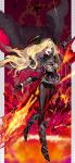  1girl absurdres armor armored_bodysuit armored_boots black_armor black_footwear black_gloves blonde_hair bodysuit boots breastplate cape capelet commentary_request dragon_girl dragon_horns facial_tattoo fate/grand_order fate_(series) fire flaming_sword flaming_weapon floating_hair fur-trimmed_cape fur_trim gauntlets gloves highres hiro_(user_negm3832) holding holding_sword holding_weapon horns long_hair long_sleeves looking_at_viewer nero_claudius_(fate) open_mouth pauldrons queen_draco_(fate) queen_draco_(third_ascension)_(fate) red_capelet red_eyes shoulder_armor solo swept_bangs sword tattoo teeth tongue very_long_hair weapon 