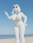  3d_(artwork) absurd_res anthro beach big_breasts boss_monster bovid breasts caprine digital_media_(artwork) eyelashes fangs female floppy_ears fur gesture hi_res horn lop_ears lorded mammal navel nipples nude pointing pointing_up red_eyes seaside solo standing teeth toriel undertale undertale_(series) white_body white_fur 