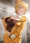 1girl alternate_costume blonde_hair blue_eyes blurry blurry_background blush breast_pocket breasts cipher4109 collarbone double_bun english_commentary eyelashes gloves hair_bun hair_ornament hairpin highres hololive hololive_english hot large_breasts long_sleeves looking_at_viewer looking_to_the_side midriff_peek mole mole_on_breast official_alternate_costume parted_lips pocket refraction short_hair sidelocks spacesuit sweat turning_head underwear undressing virtual_youtuber watson_amelia 