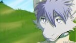  2023 anime_eyes anthro cel_shading digital_media_(artwork) dragon field fur furred_dragon grass grey_body grey_fur hair hi_res horn looking_at_viewer male mammal outside plant prisma_faerdo prismanoodle_(artist) purple_eyes purple_hair shaded simple_background sky smile solo 