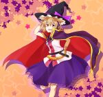  1girl armlet belt black_belt black_headwear black_sailor_collar blonde_hair cape cosplay earmuffs feet_out_of_frame hand_on_headwear hand_on_own_hip hat kirisame_marisa kirisame_marisa_(cosplay) kuritsuki large_hat leg_up looking_at_viewer neck_ribbon purple_cape purple_ribbon purple_skirt ribbon sailor_collar shirt skirt sleeveless sleeveless_shirt solo standing standing_on_one_leg star_(symbol) touhou toyosatomimi_no_miko v-shaped_eyebrows white_shirt witch_hat yellow_eyes 