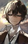  1boy bandaged_neck bandages black_eyes black_hair brown_jacket bungou_stray_dogs closed_mouth cloud cloudy_sky dazai_osamu_(bungou_stray_dogs) hair_between_eyes highres jacket looking_at_viewer male_focus outdoors portrait shirt short_hair sky smile solo sunlight white_shirt ya_ta 