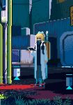  1girl animated animated_gif apo_(rairaru20001) black_footwear blonde_hair boots green_eyes holding holding_tablet_pc labcoat long_hair long_sleeves looking_away open_labcoat original pixel_art ripples solo standing tablet_pc water 