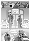  annoyed anthro blake_(thepurp) bottomless bottomless_male bow_tie canid canine canis clothed clothing comic dobermann domestic_dog duo flaccid foreskin genitals gloves greyscale handwear hi_res hudson_(thepurp) larger_male male mammal monochrome muscular muscular_male penis penis_size_difference pinscher pocket_square procyonid raccoon size_difference smaller_male thepurp topwear vest 